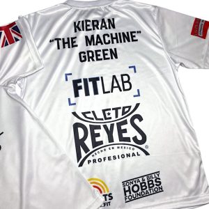 White metallic red fight kit with red glitter printing and red glitter embroidery with white sequence