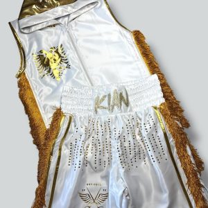 Black snake skin texture leather with metallic gold piping and black sequence fighter